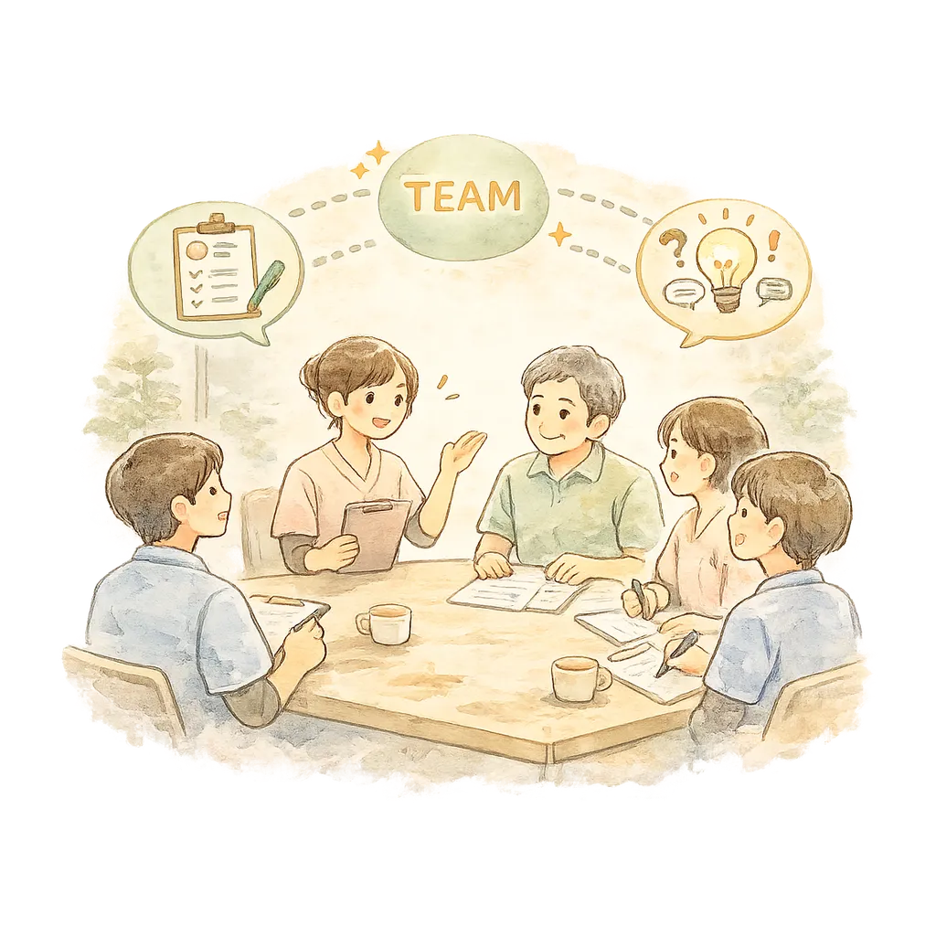 家族や多職種と連携するイラスト