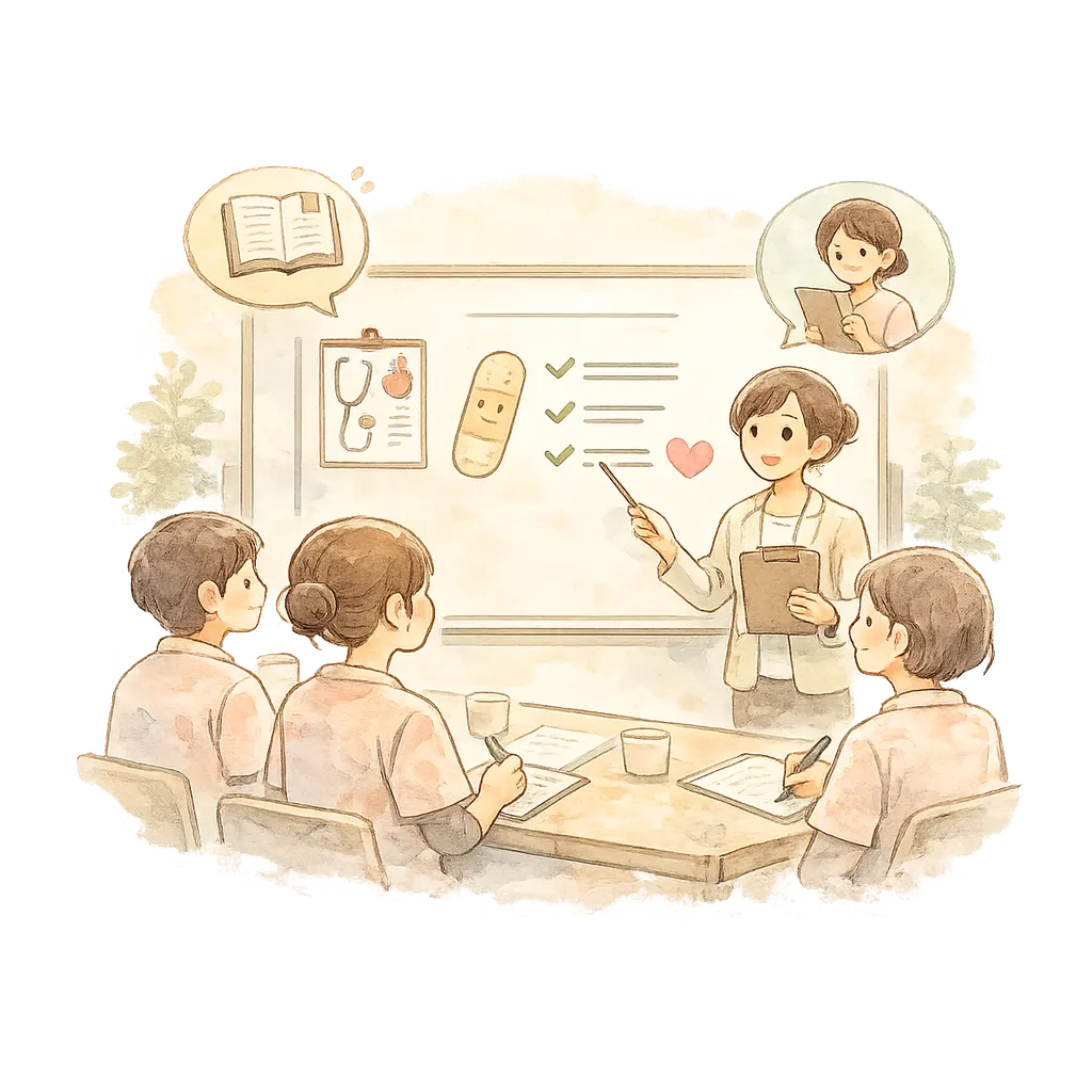 採用研修でスタッフが学んでいるイラスト
